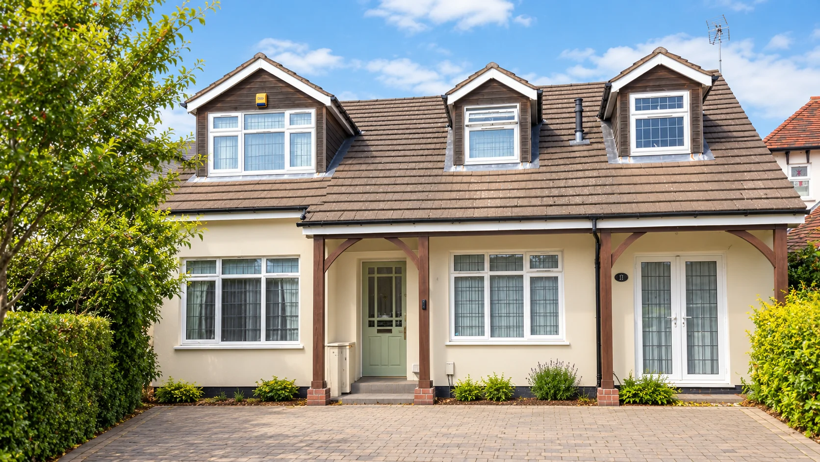 Front exterior of the Pamis Care supported-living home in Solihull, with a covered entrance, driveway and established garden