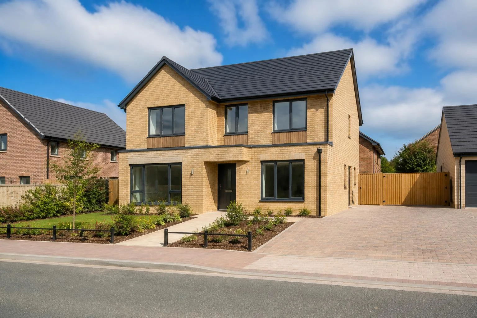 Representative modern supported-living home in Milton Keynes, with a level paved entrance, landscaped front garden and private parking
