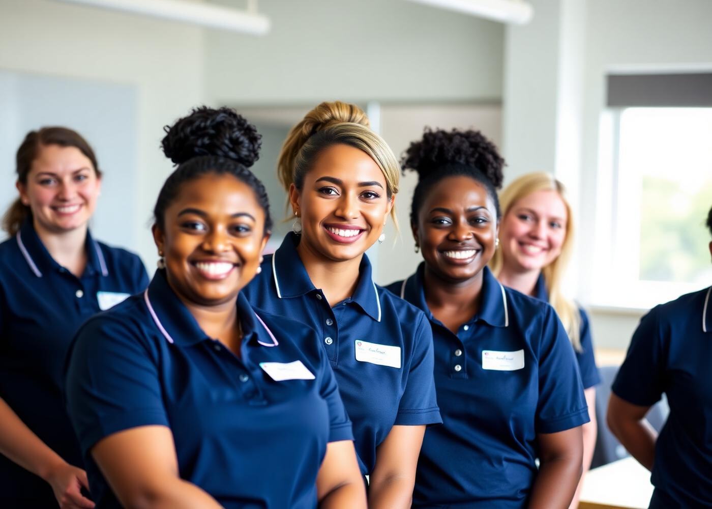 Three Pamis Care support workers in navy uniforms talking together in a bright community room