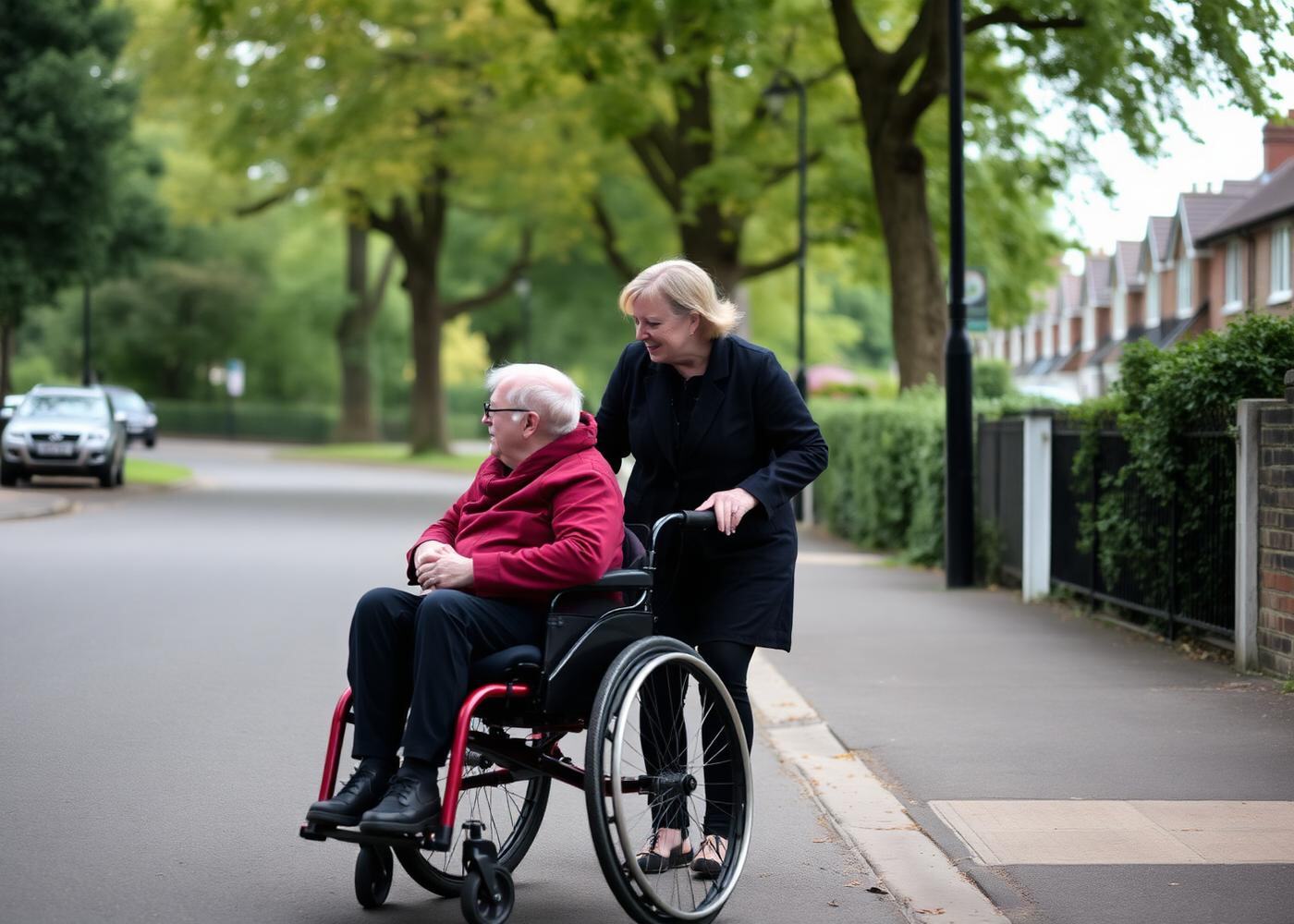 Two people walking and laughing together on a residential street with shopping bags