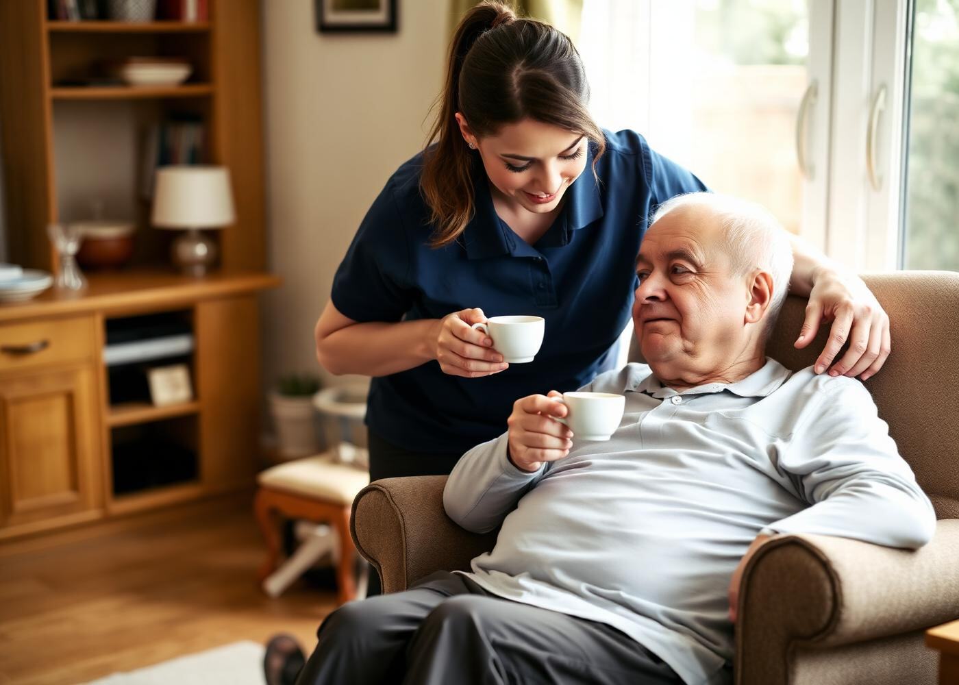 A Pamis Care home care worker in a navy polo shirt bringing a cup of tea to an older man in his armchair at home