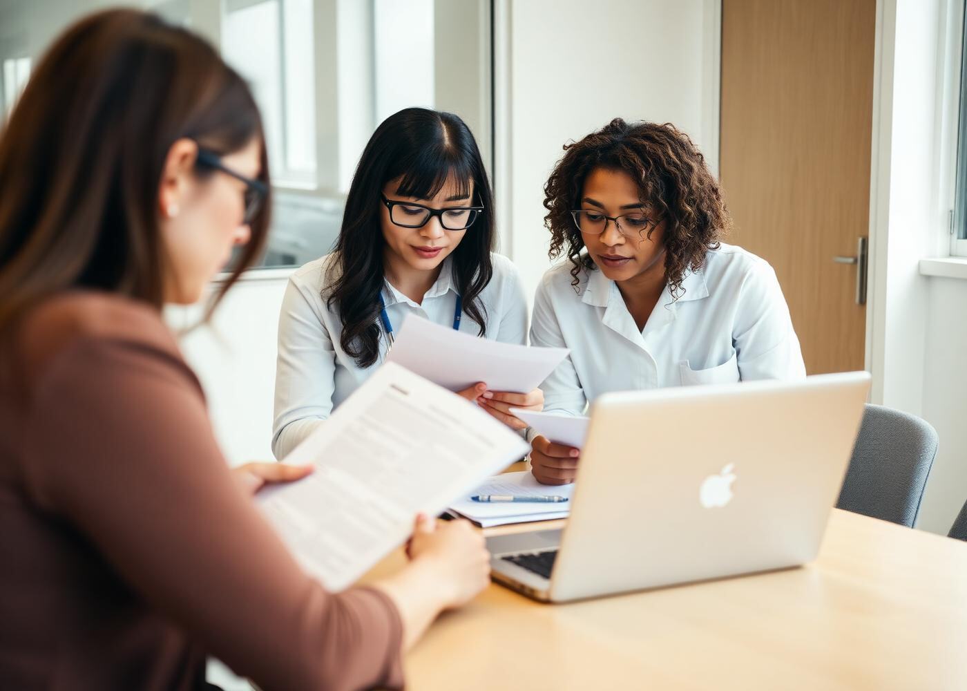 Two health and social care professionals reviewing a referral and support plan together at a meeting table