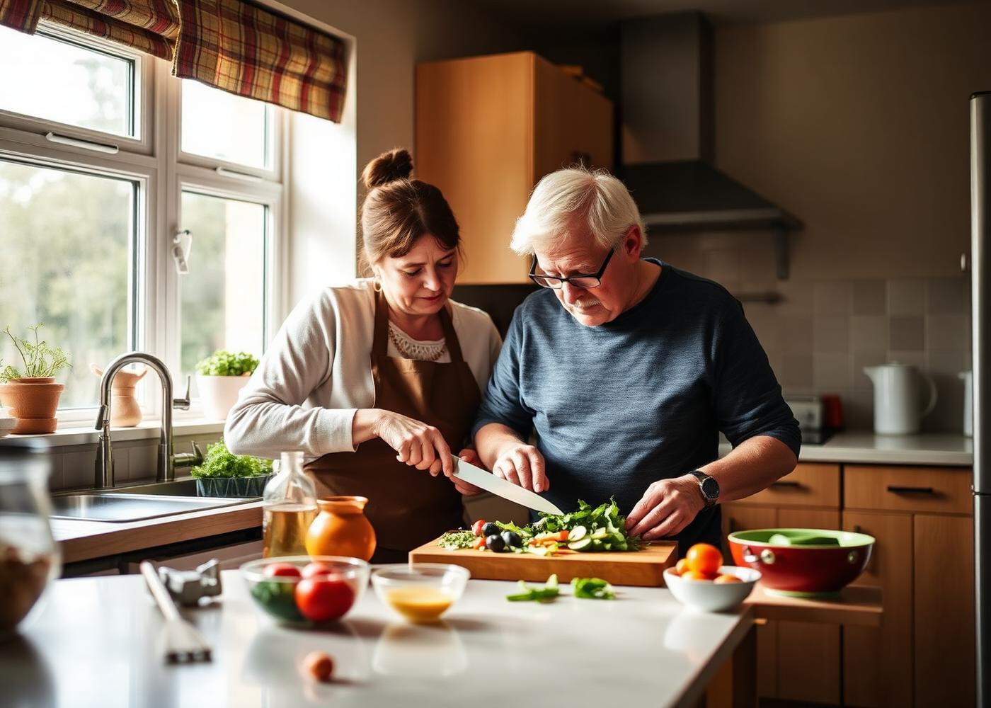 A Pamis Care support worker and an older man preparing a salad together at a bright kitchen worktop
